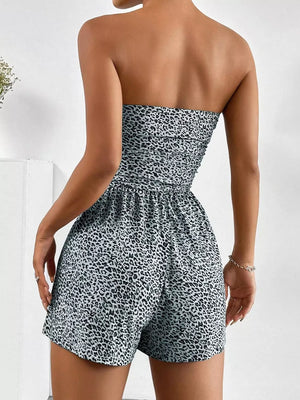 Strapless ruched waist romper in leopard print with ruched bodice and elastic waist