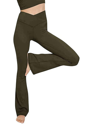 Army green V-waist flare leg activewear pants with a high rise and split hem.