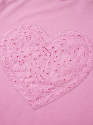 Pink cotton crew-neck sweatshirt with embroidered heart detail