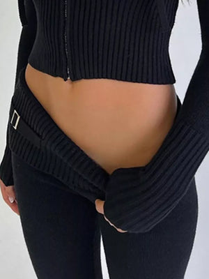 Zip Up Hooded Cardigan And Pants Sweater Set in Black, close-up detail
