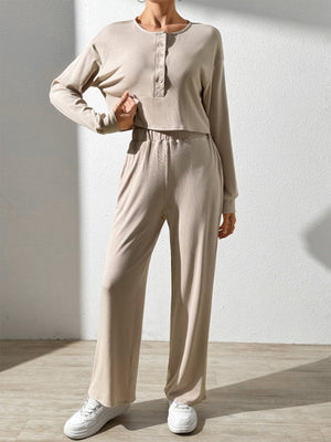 Tan ribbed henley lounge set with button detail and wide-leg pants.