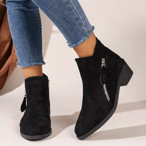 Black suede ankle boots with pointed toe and side zipper detail.