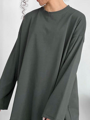 Oversized dark gray cotton jersey long sleeve top with a crew neck.