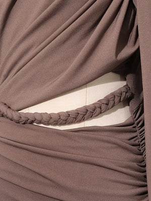 Ruched Long-sleeve Maxi Dress With Cutout in Brown, alternate angle