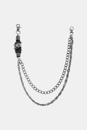 Gothic chain belt in black with skull detail and silver alloy hardware.