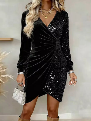 Velvet Sequin Long Sleeve Wrap Dress in Gold, front view