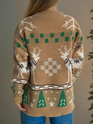 Tan acrylic knit sweater with reindeer, snowflake, and Christmas tree motifs.