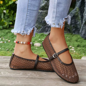 Brown mesh Mary Jane flats with buckle strap and dark trim