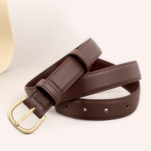 Brown cowhide leather belt with antique brass buckle and stitched detail