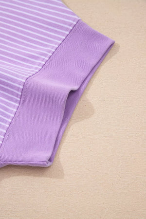 Purple and white striped cotton shorts with a ribbed waistband detail.