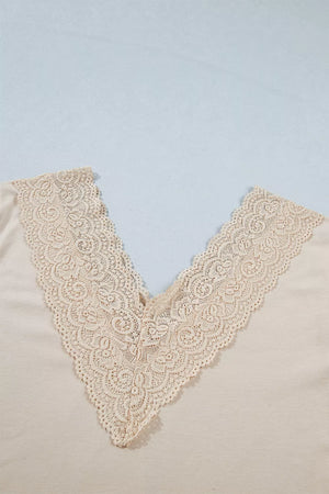 Lace Trim V Neck Long Sleeve Patchwork Shirt, fit detail