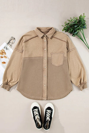 Tan waffle knit patch pocket overshirt with button front and collar