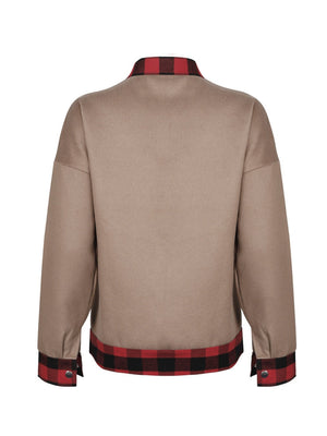 Plaid trimmed casual jacket in taupe with red and black checkered accents on collar and hem.