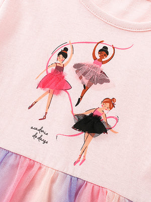 Ballerina graphic cotton dress in blush pink with rainbow tulle skirt.