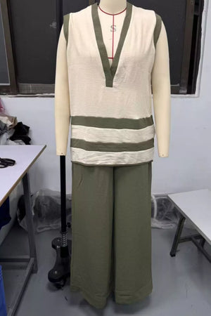 Moss v-neck sleeveless top with horizontal stripes and flowy wide-leg pants set