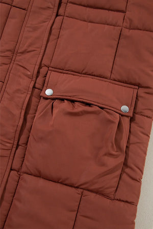 Brown quilted longline puffer coat with snap patch pockets