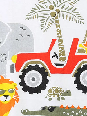 Baby cotton sleepwear set with safari animals, jeep, and palm trees graphic print.