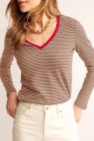 Stripe V Neck Stretchy Long Sleeve Top in Sage, front view