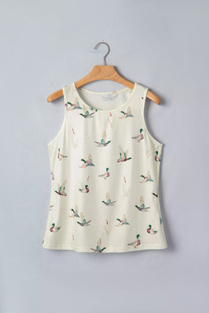 Cream mallard print tank top with cattail accents, round neckline, sleeveless.