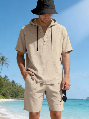 Khaki linen blend hooded short sleeve top and shorts set for men