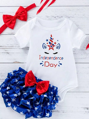 Baby patriotic unicorn outfit with ruffled star bloomer and red bow headband.
