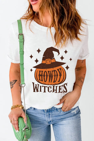 White cotton t-shirt with a witch hat pumpkin graphic and "Howdy Witches" text.