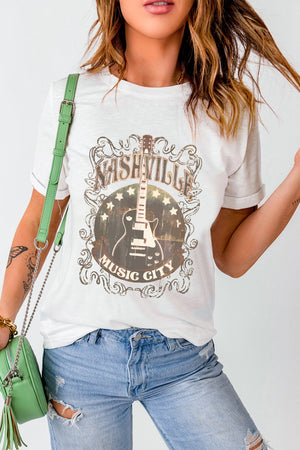 White graphic t-shirt with Nashville Music City guitar design
