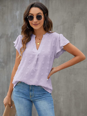Lavender textured voile blouse with flutter sleeves and V-neck