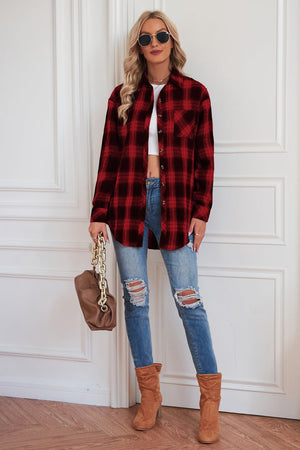Dreamer Plaid Drop-Shoulder Jacket in red and black plaid, buttoned front, relaxed fit.