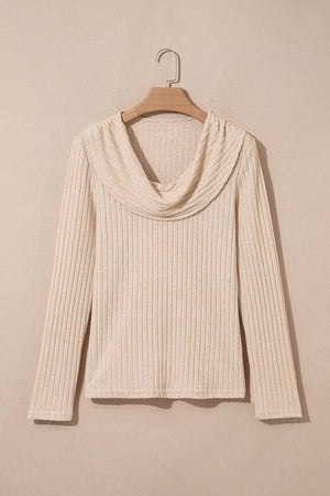 Ribbed Cowl Neck Long Sleeve Top in Khaki, alternate angle