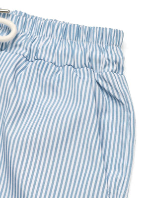 Light blue striped pleated cargo palazzo trousers with drawstring waist.