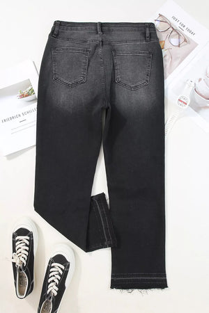 Charcoal washed denim maternity jeans with distressed hem detail.