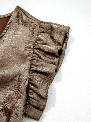 Elegant gold ruffled neck tank top with cap sleeves and a textured sheen.