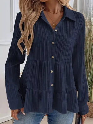 Dark Blue textured tiered button-down shirt with crinkled fabric and button details.
