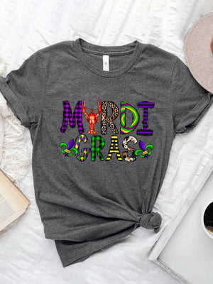 Dark Gray Mardi Gras graphic tee with mixed texture lettering and fleur-de-lis accents.