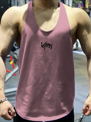 Dusty Pink performance racerback tank top with black graphic detail