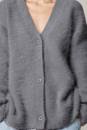 Fluffy angora v-neck cardigan in dark gray with button front detail.