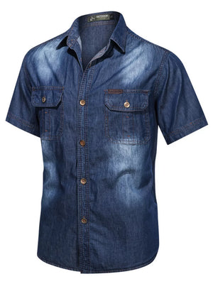 Men's dark wash denim short sleeve shirt with button-down front and chest pockets.