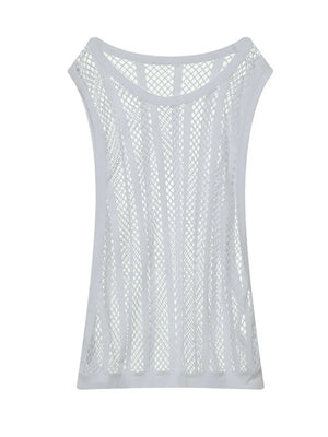White mesh tank top with vertical panel detail and scoop neck.