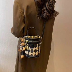 Diamond Pattern Bucket Crossbody Bag in Blush Pink, side view