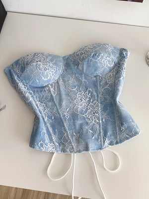 Blue floral lace corset tube top with adjustable tie back detail.