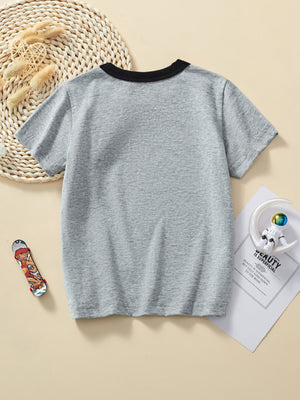 Grey cotton crew neck t-shirt with a black trim and a dinosaur graphic on the front.