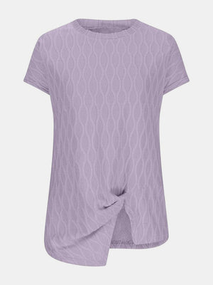 Lavender textured tee with short sleeves, crew neck, and asymmetric knot-front detail.