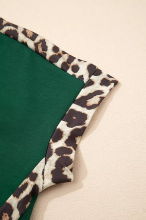 Green polyester tee with leopard print trim detail