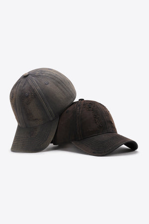 Distressed baseball caps in Chestnut and Dark Gray with frayed details.