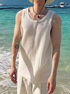 Men's Plus Size Textured Knit Sleeveless Tank Top in Black, side view
