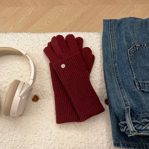 Convertible ribbed knit touchscreen gloves in Angora Red with a button detail.