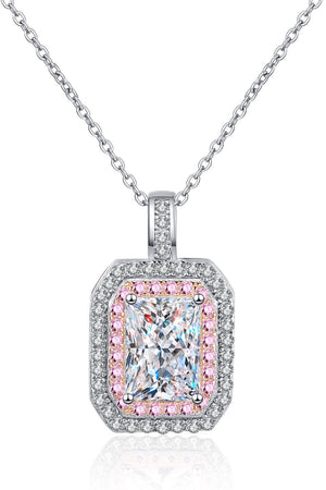 Silver necklace with radiant cut moissanite and pink halo accents