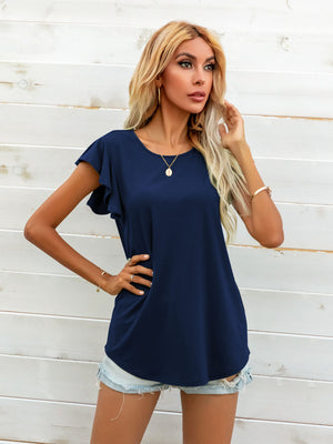 Navy tee with ruffled short sleeves and a round neckline.