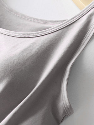 Gray built-in support tank top with double-stitched neckline and armholes.